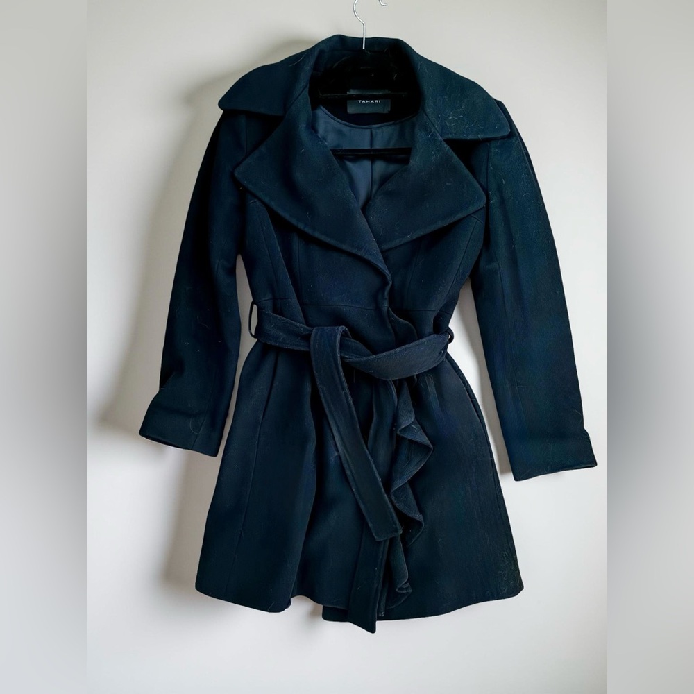 Tahari Black Ruffle Women's Wool Coat